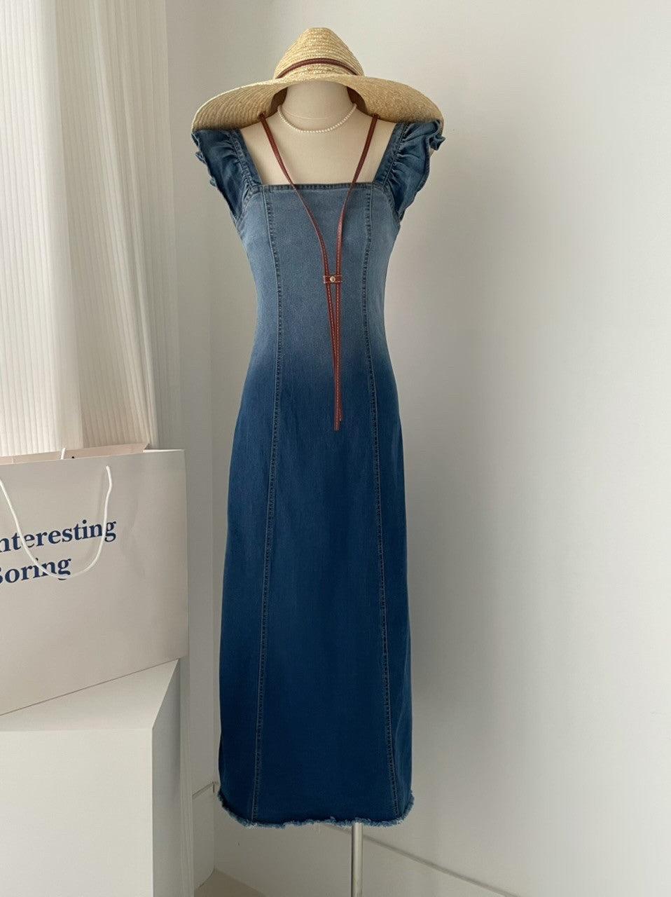 Simple Denim Gradient Small Flying Sleeve Raw Edge Dress - Trendy Mix