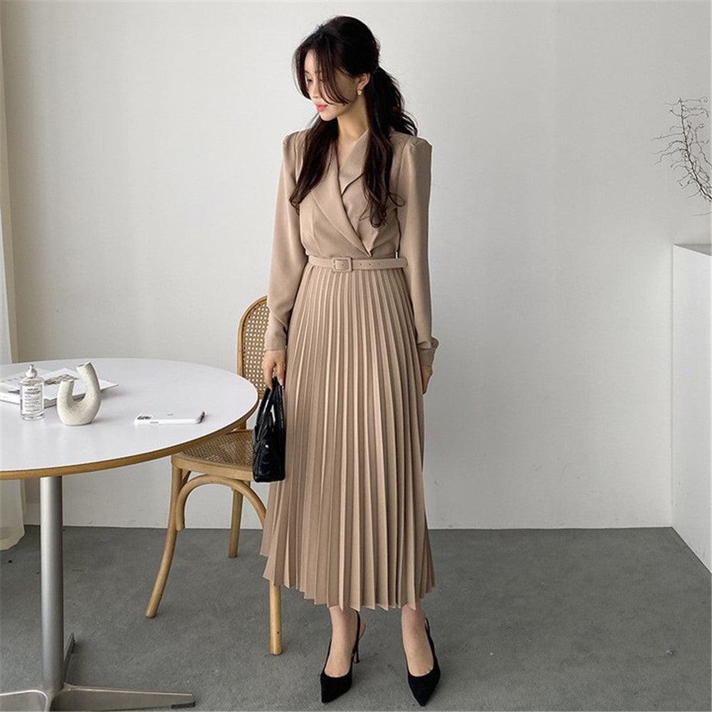 Waist Slimming Suit Tie Long Sleeve Pleated Dress - Trendy Mix