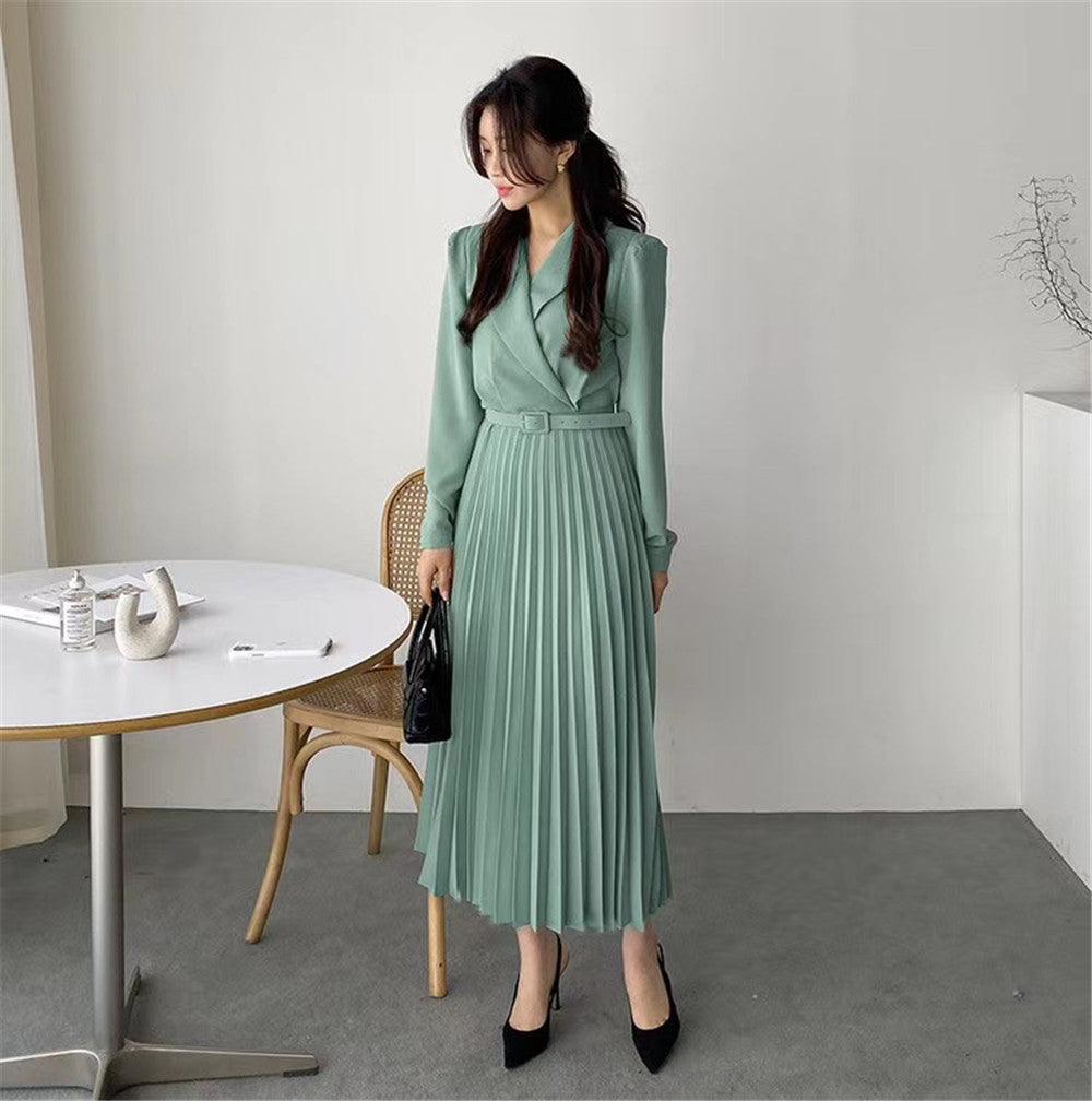 Waist Slimming Suit Tie Long Sleeve Pleated Dress - Trendy Mix