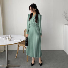 Waist Slimming Suit Tie Long Sleeve Pleated Dress - Trendy Mix