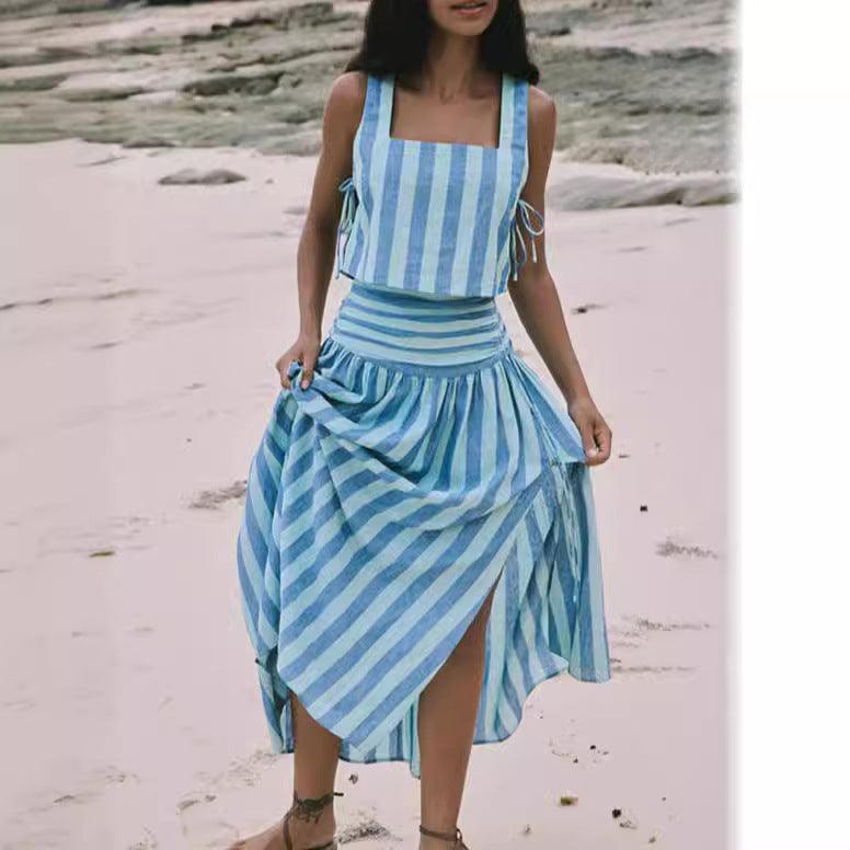 Blue Striped Retro Elegant Slimming Style Large Swing Skirt - Trendy Mix