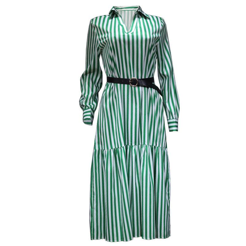 Women's Long-sleeved V-neck Midi Striped Dress - Trendy Mix