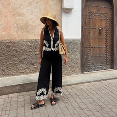 Women's Embroidery Short Vest Pants Suit - Trendy Mix