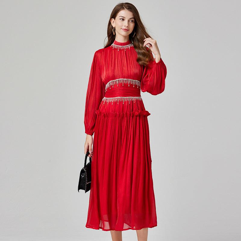 Pleated Waist Tight Long Puff Sleeve Dress - Trendy Mix