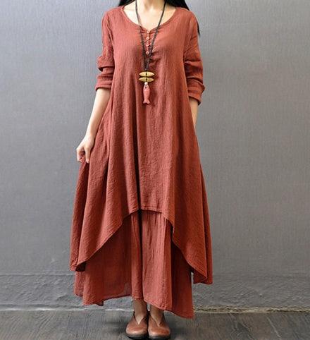 V Neck Retro Linen-Cotton Dress - Trendy Mix