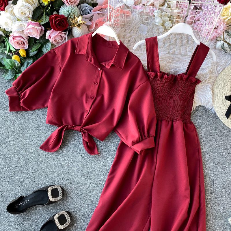 Chic High-Waisted Wide Leg Jumpsuit with Shirt Overlay - Trendy Mix