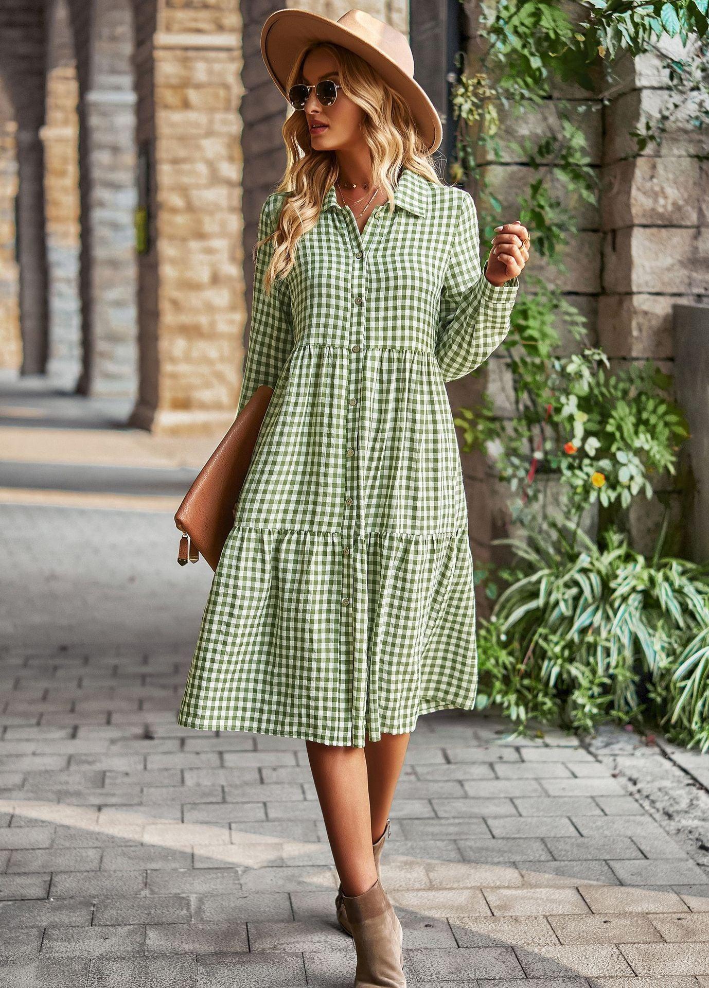 Wide Hem Long Sleeve Dress Plaid Casual Dress - Trendy Mix