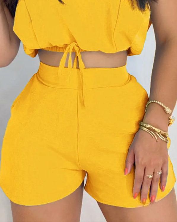 European And American Solid Color Tie Crop Top And Shorts Pocket Set - Trendy Mix