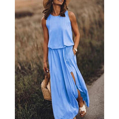 Women's Round Neck Sleeveless Split Solid Color Dress - Trendy Mix