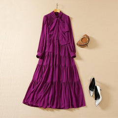 Tie-neck Heavy Industry Spokes Long Sleeve Chiffon Dress - Trendy Mix