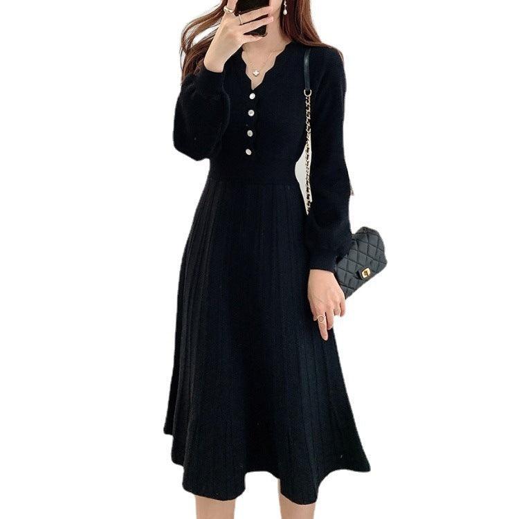 Waist-tight Slimming V-neckline Long Sleeve Mid-length Sweater Dress