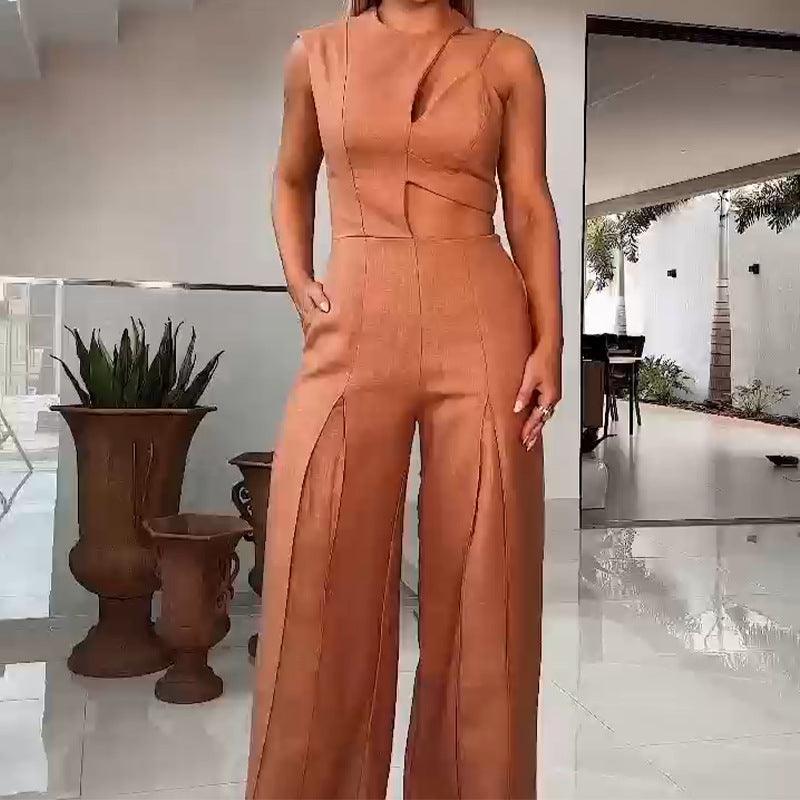 Chic Sleeveless High Waist Wide Leg Jumpsuit with Hollow Out Design in Light Brown - Trendy Mix