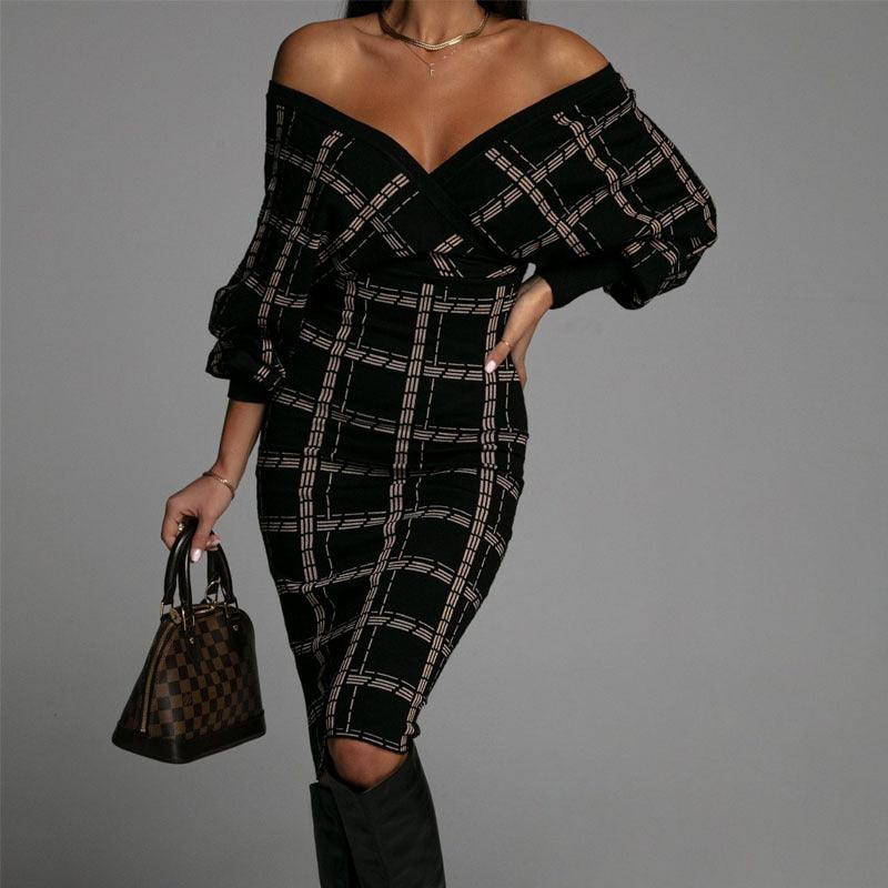 Plaid Batwing Sleeve Sexy Bodycon Dress - Trendy Mix