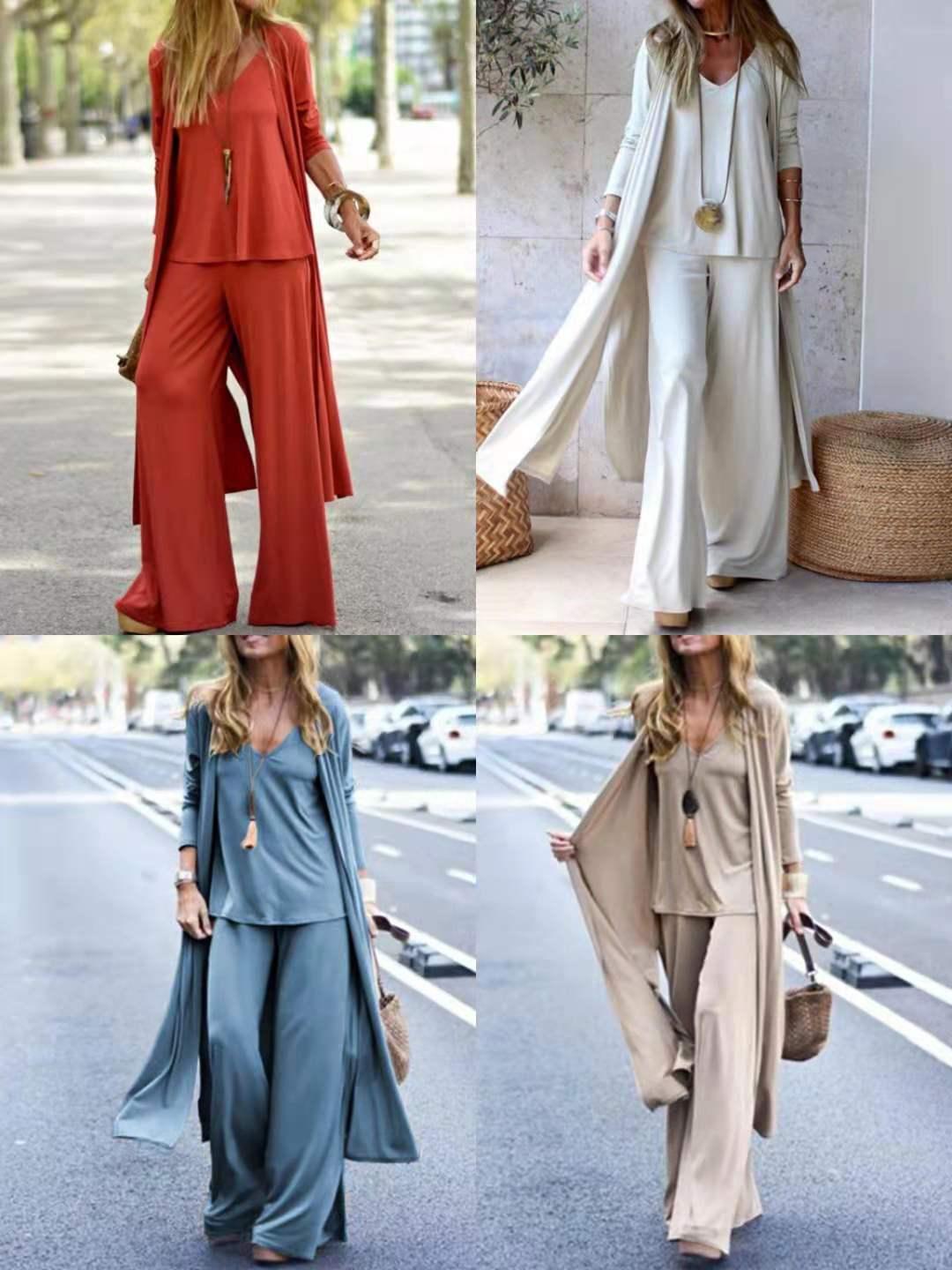 Fashion Casual Loose Threepiece Vneck Suspender Straight Trousers Long Cardigan - Trendy Mix