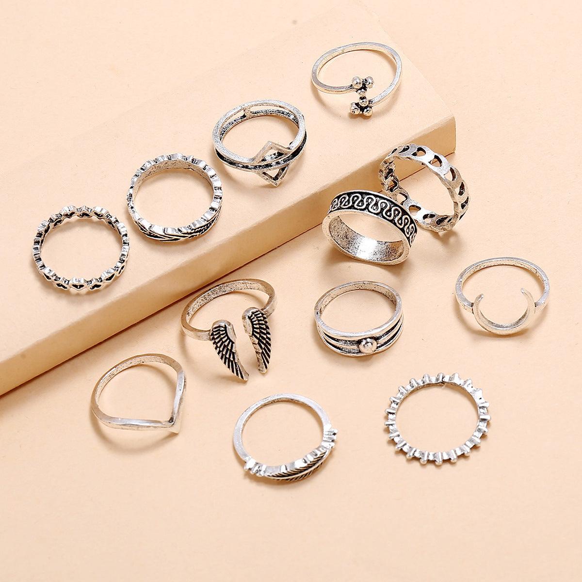 Retro Wings Triangle Moon Geometry Twelve Piece Set Ring - Trendy Mix