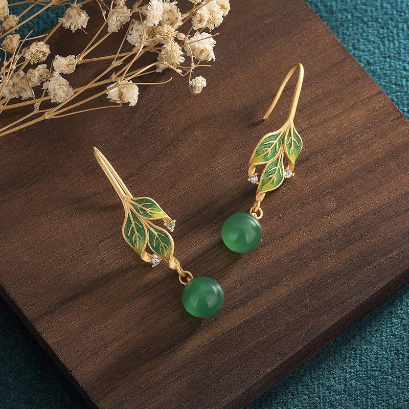 Classical Cheongsam Accessories Gold Plated Enamel Leaf Earrings - Trendy Mix