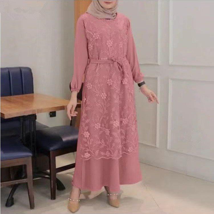 Lace Floral Retro Round Neck outfit for Muslim Women - Trendy Mix