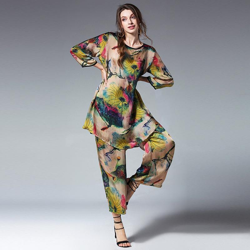 Loose Printed Lotus Satin Silk Suit Crew Neck - Trendy Mix