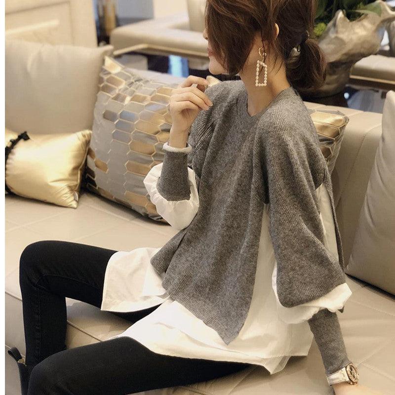 Europe Station Autumn And Winter Women Sweater Splicing Shirt Fake Two-piece Set Of Women Foreign Style Knitted Top Fashion Wholesale - Trendy Mix