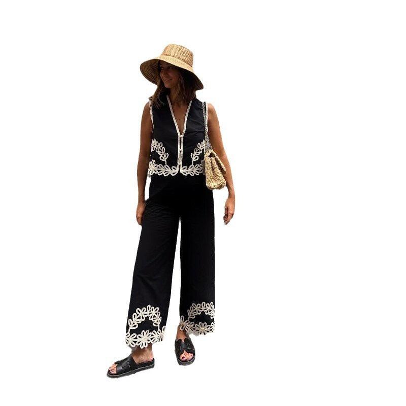 Women's Embroidery Short Vest Pants Suit - Trendy Mix