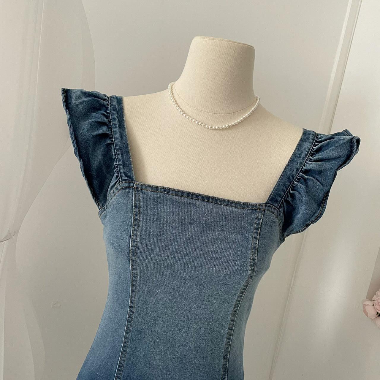 Simple Denim Gradient Small Flying Sleeve Raw Edge Dress - Trendy Mix