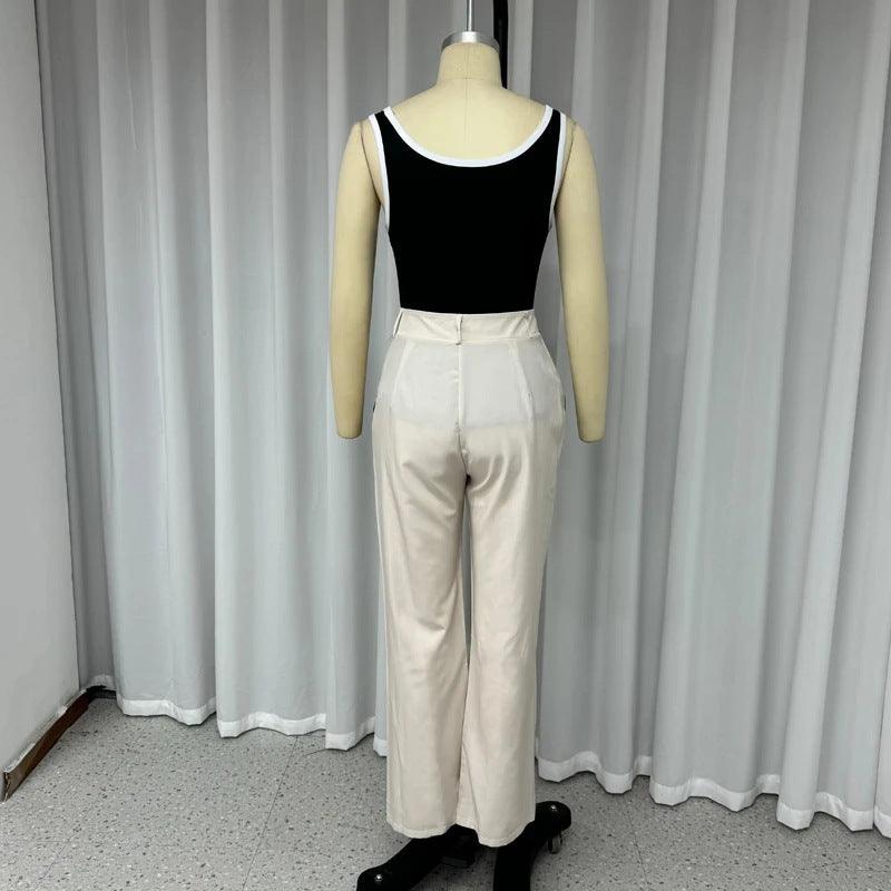 New Contrast Color Suspenders Slim High Waist Trousers Two-piece Set For Women - Trendy Mix