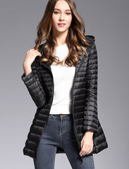 Women's mid-length lightweight down jacket