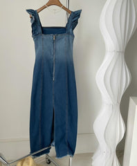 Simple Denim Gradient Small Flying Sleeve Raw Edge Dress - Trendy Mix