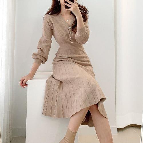 Waist-tight Slimming V-neckline Long Sleeve Mid-length Sweater Dress