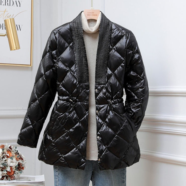 Rhombus Cotton-padded Jacket Women's Mid-length Large V-neck Jacket - Trendy Mix