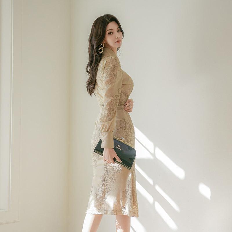 Hollow stitching lace dress - Trendy Mix