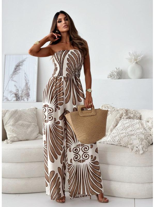 Smocked Waist Off-Shoulder Wide Leg Jumpsuit - Trendy Mix