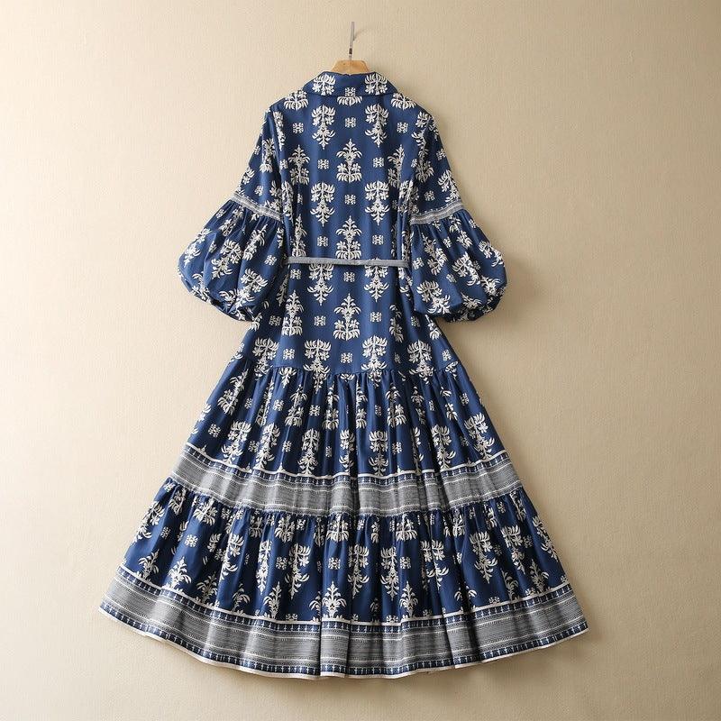 V-neck Lace-up Lantern Sleeve Cotton Silk Printing Dress - Trendy Mix