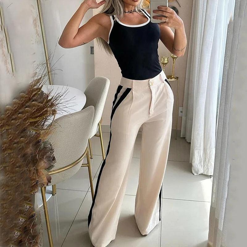 New Contrast Color Suspenders Slim High Waist Trousers Two-piece Set For Women - Trendy Mix