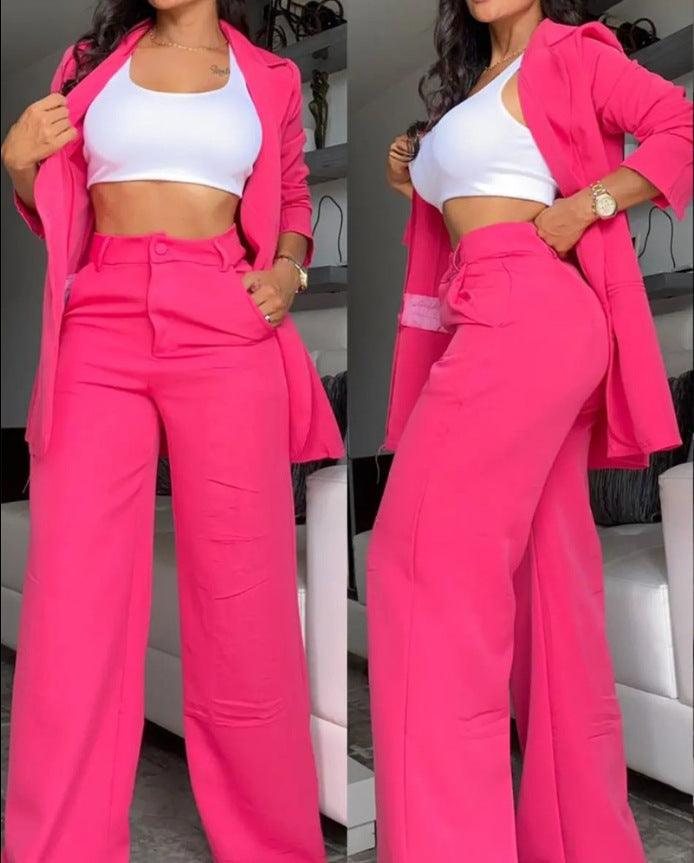 Pure Color Split Sleeve Lapel Suit Straight-leg Pants Suit Women - Trendy Mix