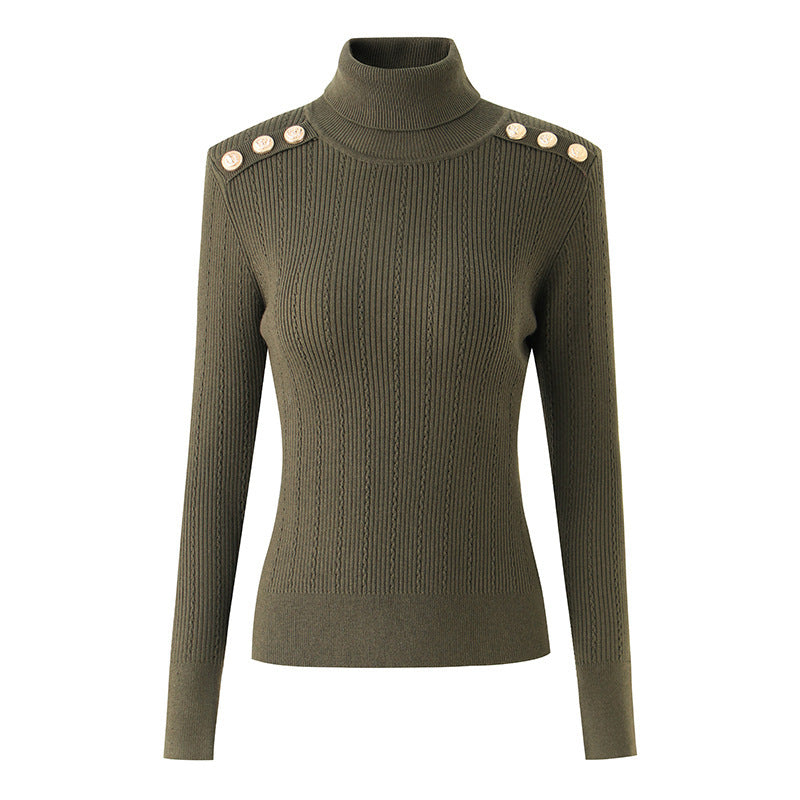 Pullover Black Long-sleeved Knitted Turtleneck Fleece Blend Slim Top