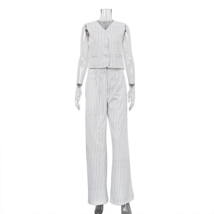 Striped Elegance: Women's Sleeveless Vest and Trousers Set - Trendy Mix