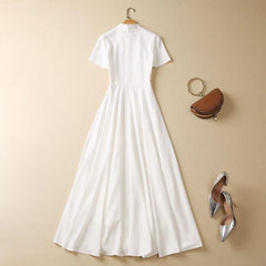 White Bamboo Leaf Printing New National Fashion Stand Collar Dress - Trendy Mix