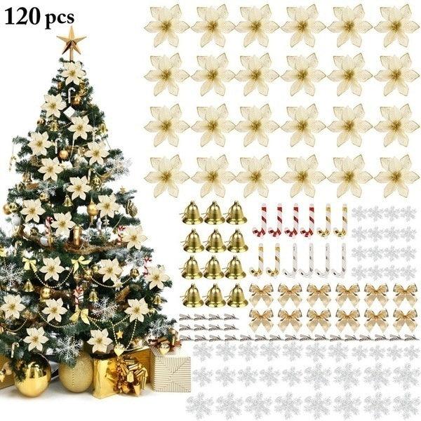 Festive 120-Piece Christmas Floral Decoration Set with Simulated Flowers and Ornaments - Trendy Mix