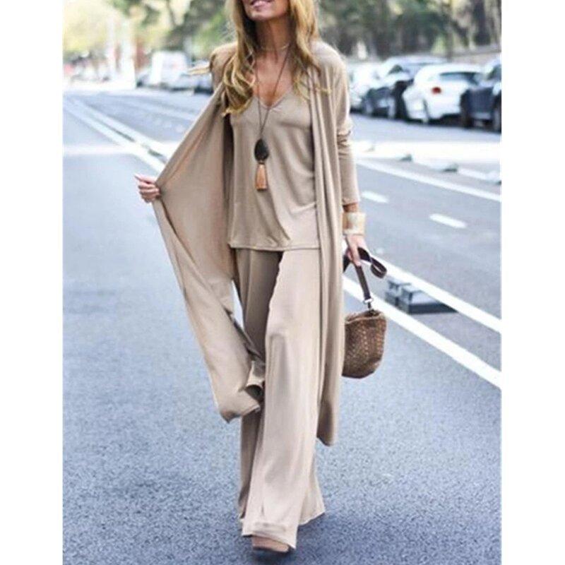 Fashion Casual Loose Threepiece Vneck Suspender Straight Trousers Long Cardigan - Trendy Mix