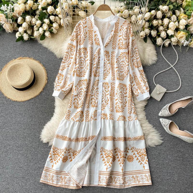 Holiday Style Printed Mid-length Loose Lotus Leaf Dress Women - Trendy Mix