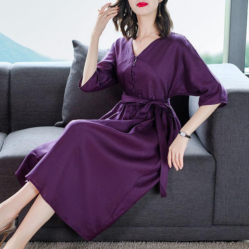 Summer Five-point Sleeve Cotton And Linen Dress - Trendy Mix