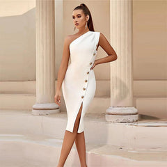 Slim-fit Oblique Shoulder Slim Button Sexy Party Bandage One-piece Dress - Trendy Mix