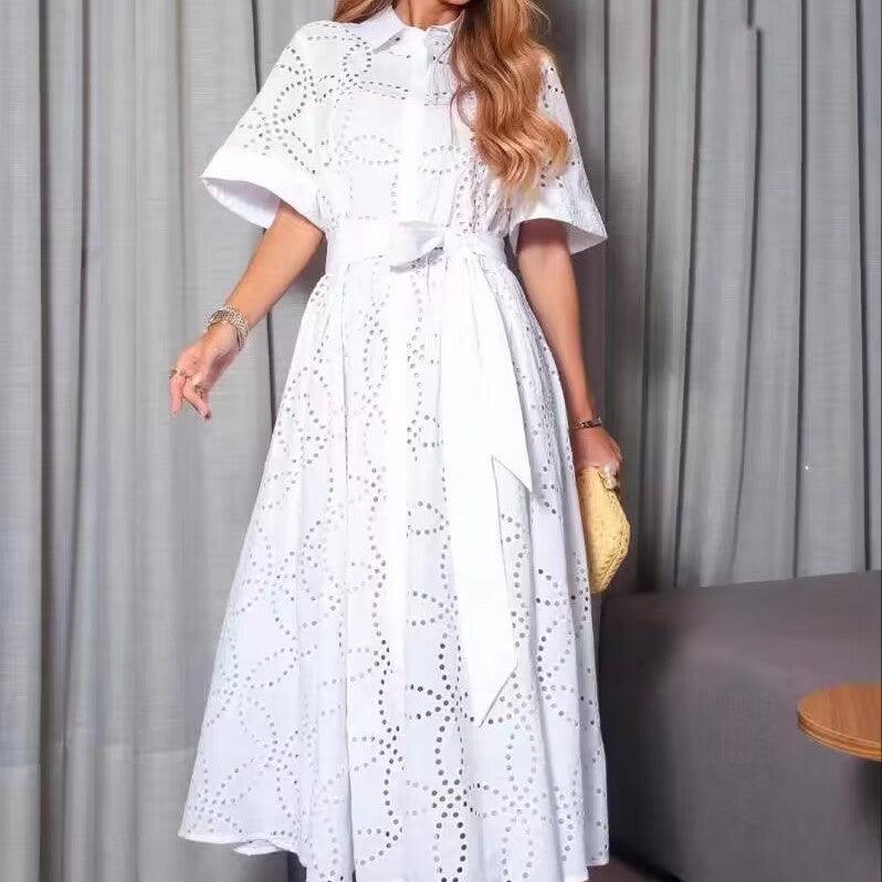 Summer Embroidered Hollow Out Tied Waist-controlled White Dress - Trendy Mix