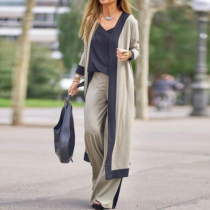 Fashion Casual Loose Threepiece Vneck Suspender Straight Trousers Long Cardigan - Trendy Mix