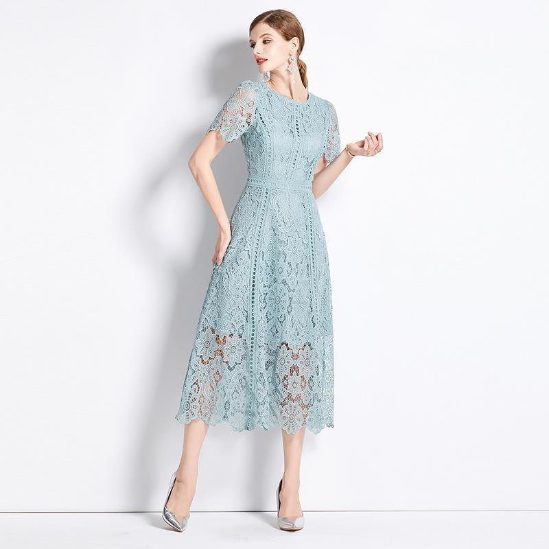 Round Neck Ruffle Sleeve Lace Slimming Temperament Elegant Dress - Trendy Mix