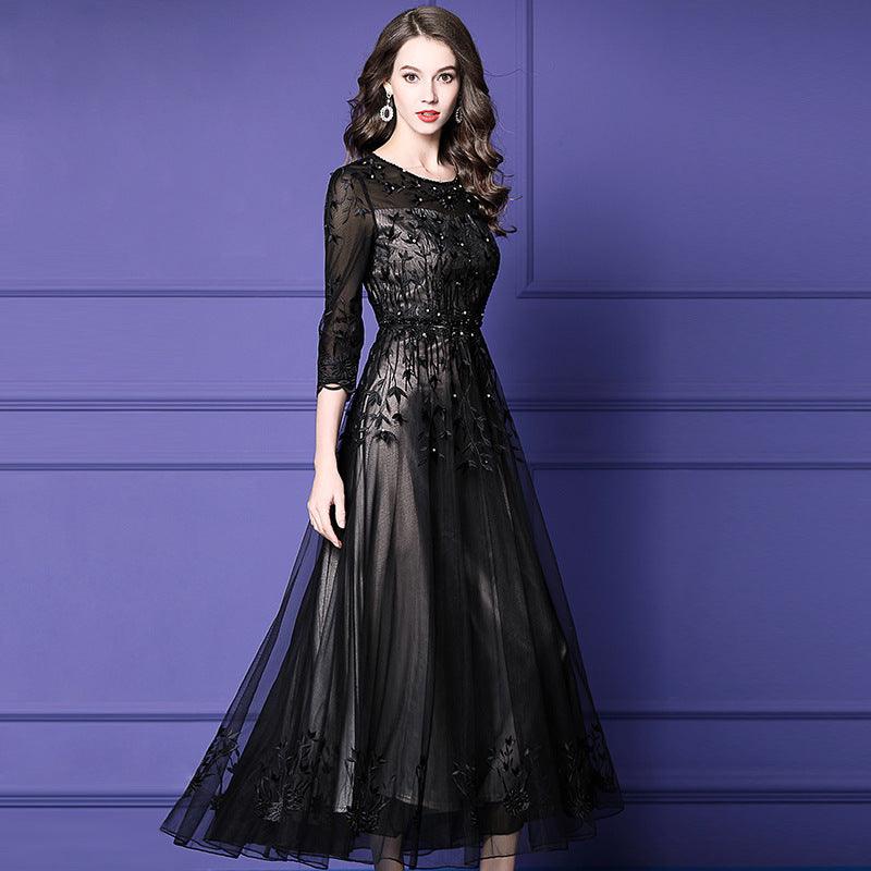 Women's Temperament Mesh Embroidery Beaded Long Dress - Trendy Mix