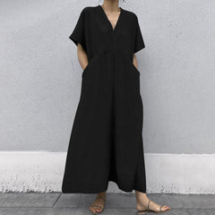 Solid Color And V-neck Big Pocket Dress Short Sleeve Cotton And Linen - Trendy Mix