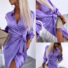 European And American Satin Waist Shirt Dress - Trendy Mix