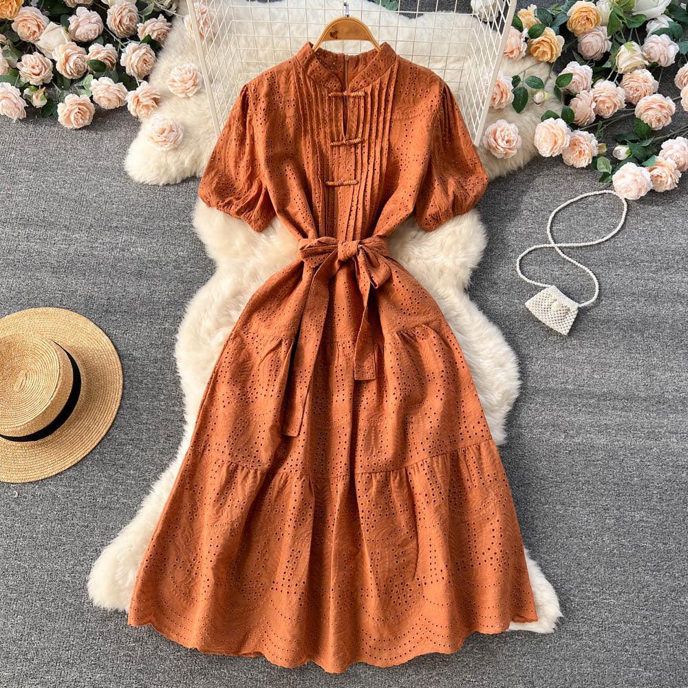 Women's Hollow Bubble Sleeve Waist-Slimming Dress - Chic Fashion Short Sleeve - Trendy Mix